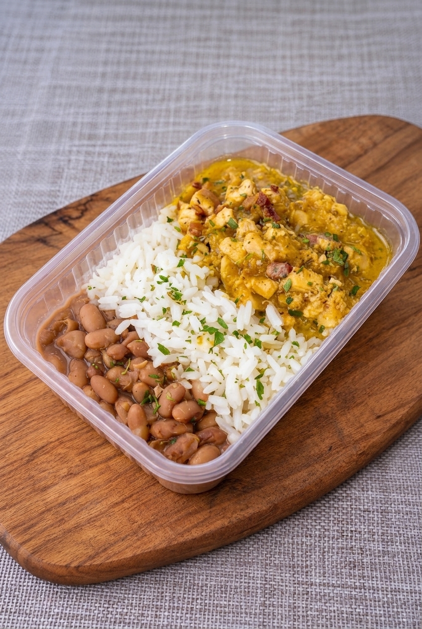 Marmita 29: Arroz branco, frango ao bacon e feijão carioca - Casa Verde Foz do Iguaçu